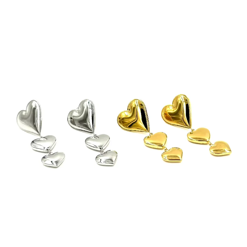 Earrings with emerald for women -Ashley Gold Stainless Steel 3 Drop Heart Design Earrings