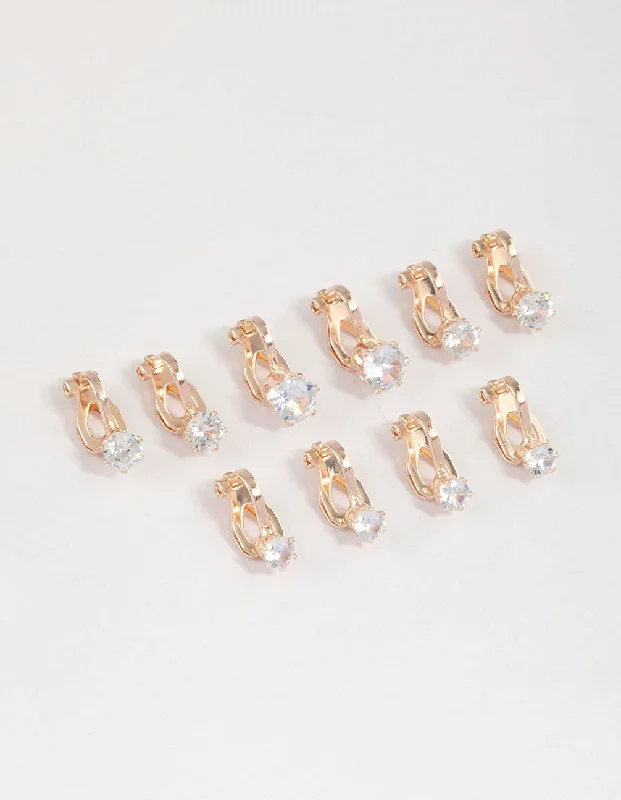 Luxury hoop earrings for women -Rose Gold Graduating Diamante Clip On Earrings 5-Pack