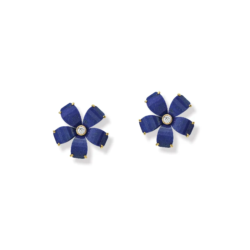 Luxury diamond earrings for women -Frangipani Earrings Yellow Gold - Lapis Lazuli & Diamond