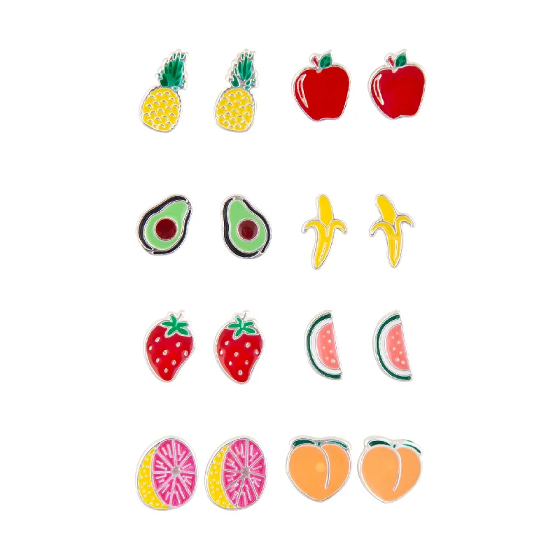 Simple hoop earrings for women -Mixed Fruits Enamel Stud Earring 8-Pack