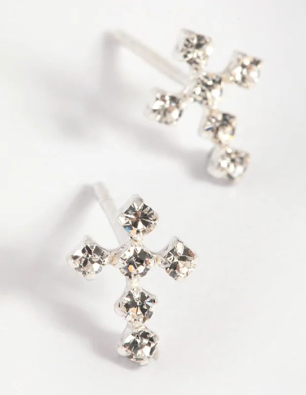 Stud earrings for women -Sterling Silver Cubic Zirconia Cross Stud Earrings