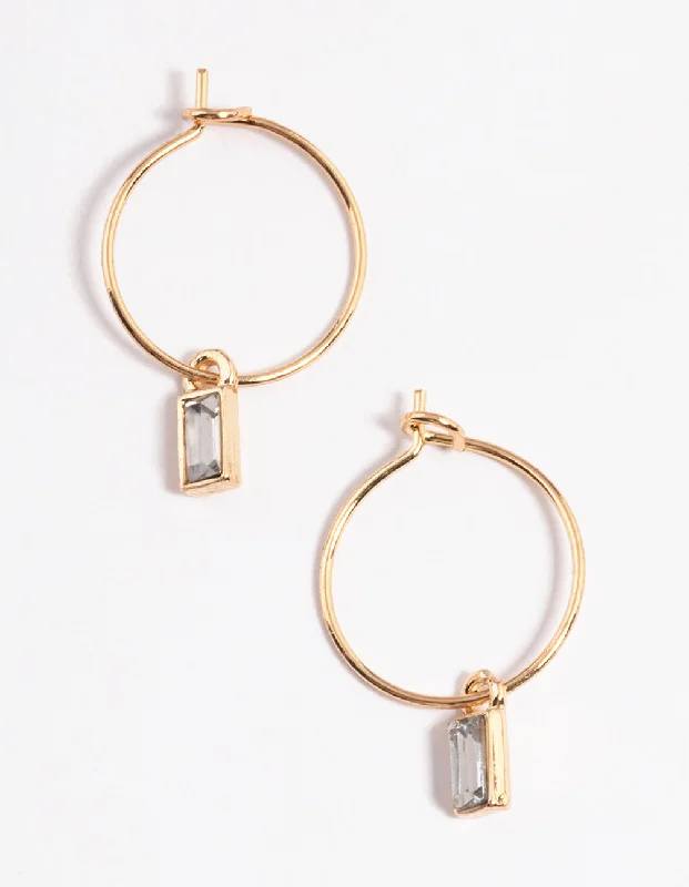 Hoop diamond earrings for women -Gold Baguette Drop Hoop Earrings