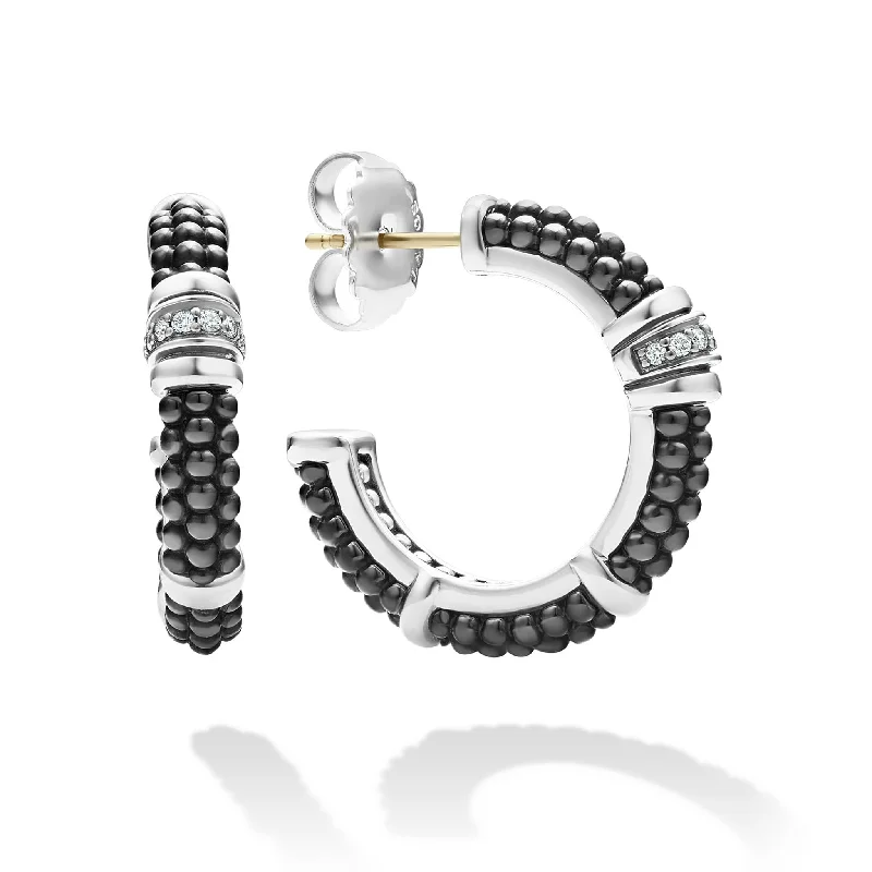 Long chain earrings for women -Black Caviar Ceramic and Diamond Hoop Earrings