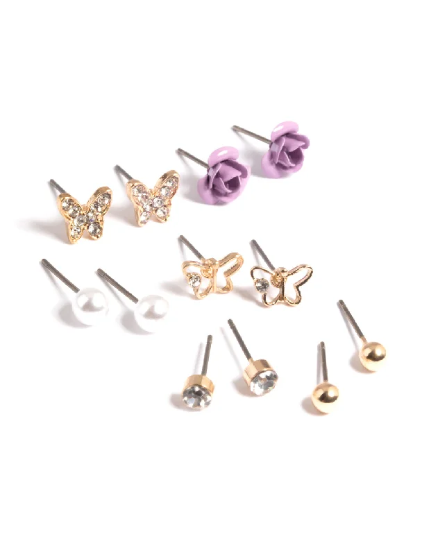 Pearl stud earrings for women -Kids Purple Pave Butterfly 6-Pack Stud Earrings