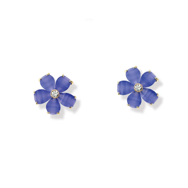 Elegant drop earrings for women -Frangipani Earrings Yellow Gold - Blue Chalcedony & Diamond