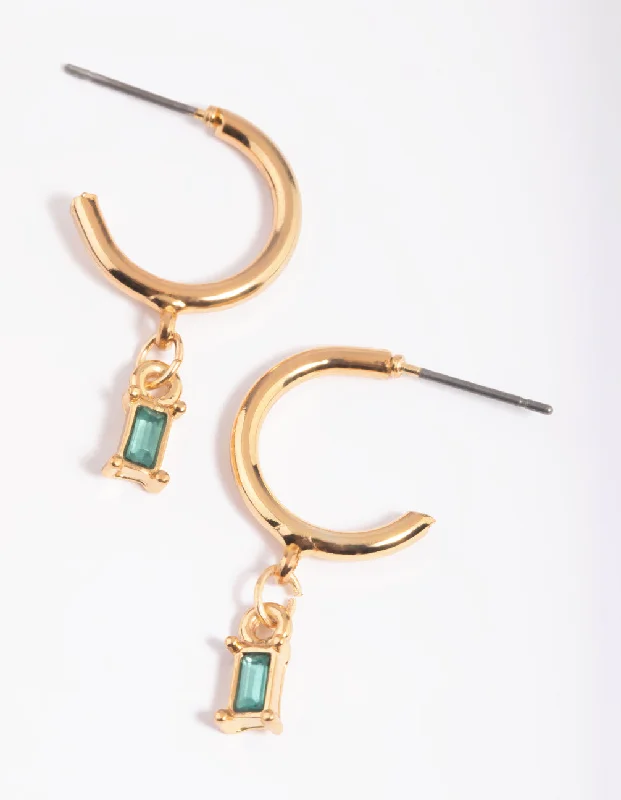 Dainty stud earrings for women -Green Baguette Stone Huggie Hoop Earrings