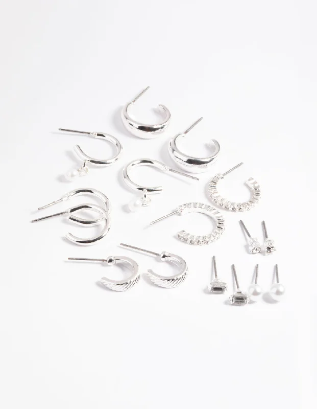 Simple earrings for women -Silver Pearl Stud & Hoop Earrings 8-Pack