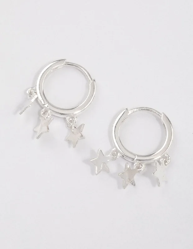 Designer pearl earrings for women -Sterling Silver Trio Star Huggie Earrings