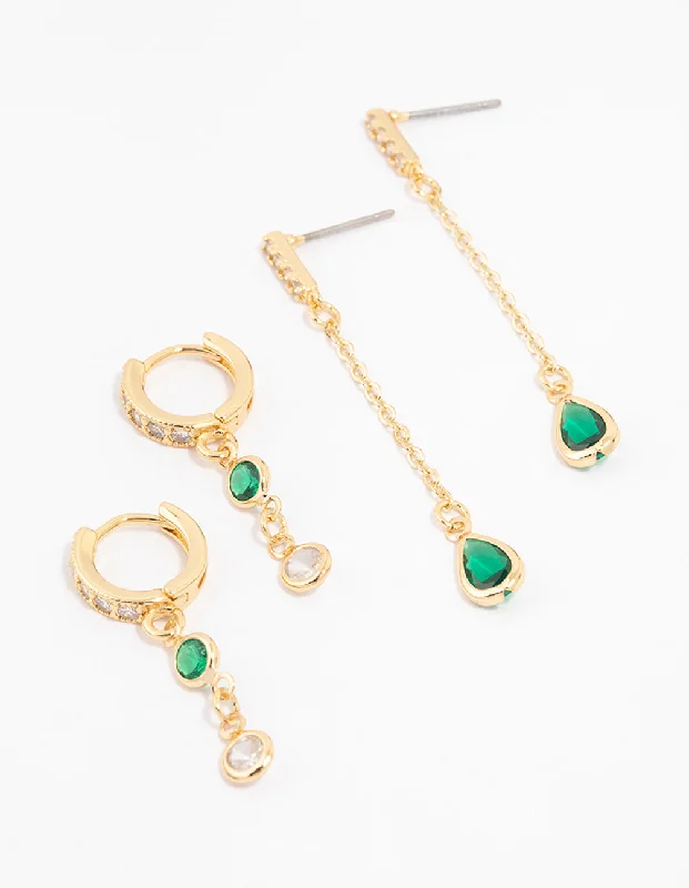 Fashion earrings for women -Gold Plated Cubic Zirconia Emerald Round & Pear Earrings 2-Pack