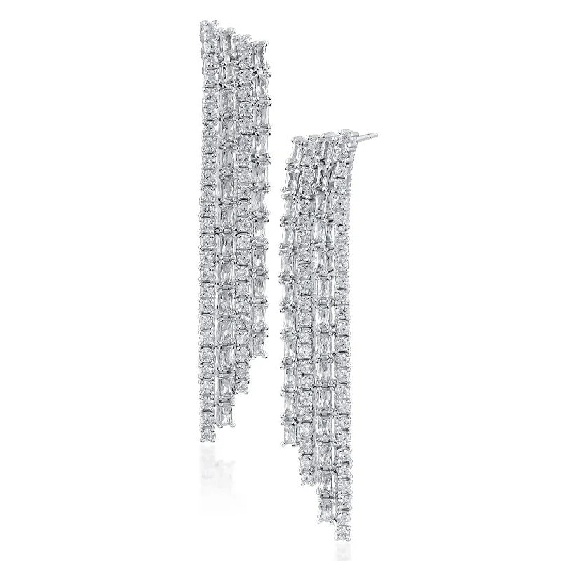 Fashionable dangle earrings for women -Round and Baguette CZ Fringe Earrings