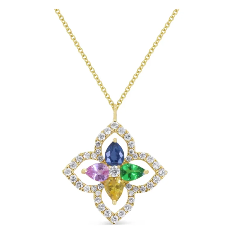 Gold-plated pendant necklaces for women -14K Yellow Gold Multi-Sapphire Diamond Outline Flower Pendant Necklace