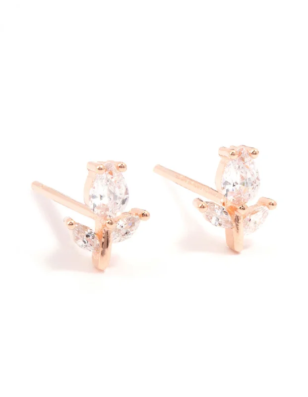 Colored gemstone earrings for women -Rose Gold Plated Sterling Silver Cubic Zirconia Flower Stem Stud Earrings