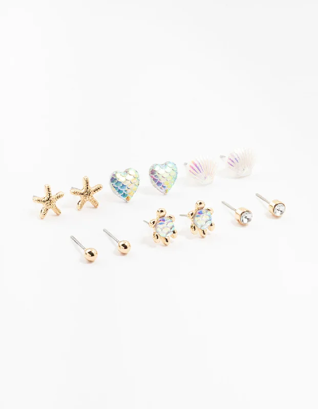 Custom name earrings for women -Kids Gold Sea Theme Stud Earrings 6-Pack