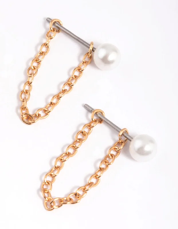 Designer earrings for women -Gold Pearl Chain Jacket Earrings