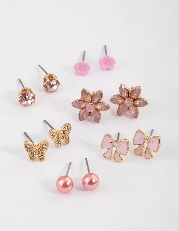 Trendy drop earrings for women -Kids Pink Bow Stud Earrings 6-Pack