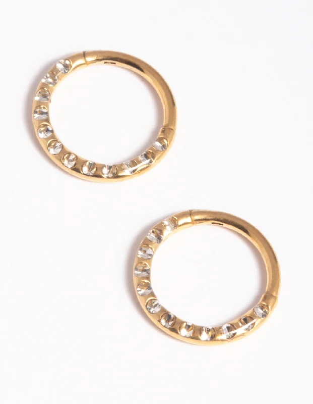 Chunky hoop earrings for women -Gold Plated Surgical Steel Pave Hoop Earrings