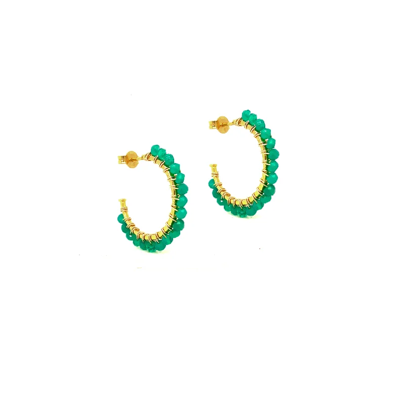 Gold-plated earrings for women -Green Agate Hammered Hoop Earrings