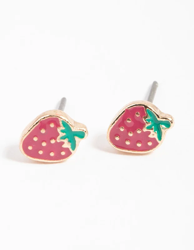 Personalized earrings for women -Gold Enamel Strawberry Stud Earrings