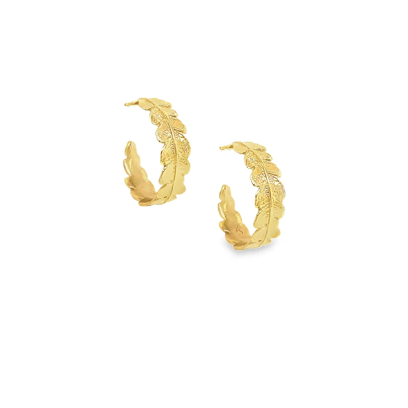 Statement earrings for women -Gold Crown Fern Hoop Earrings