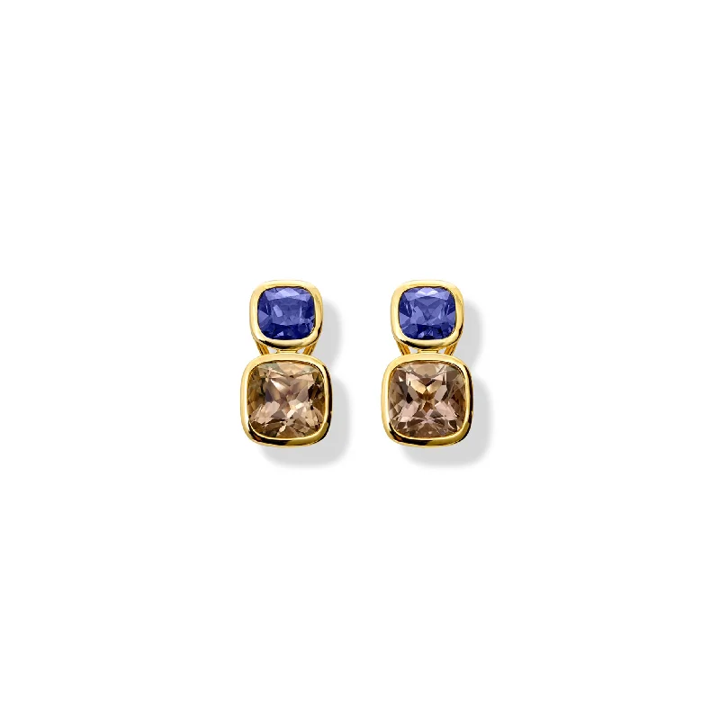 Personalized earrings for women -Qin & Han Earrings 18ct Yellow Gold - Iolite & Smoky Quartz