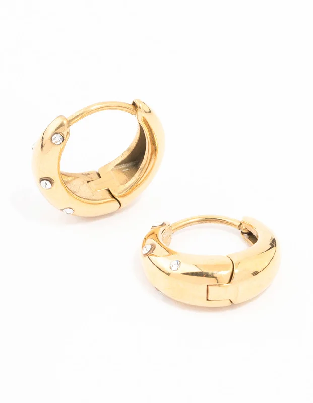 Elegant chandelier earrings for women -Waterproof Gold Plated Stainless Steel Diamante Huggie Earrings