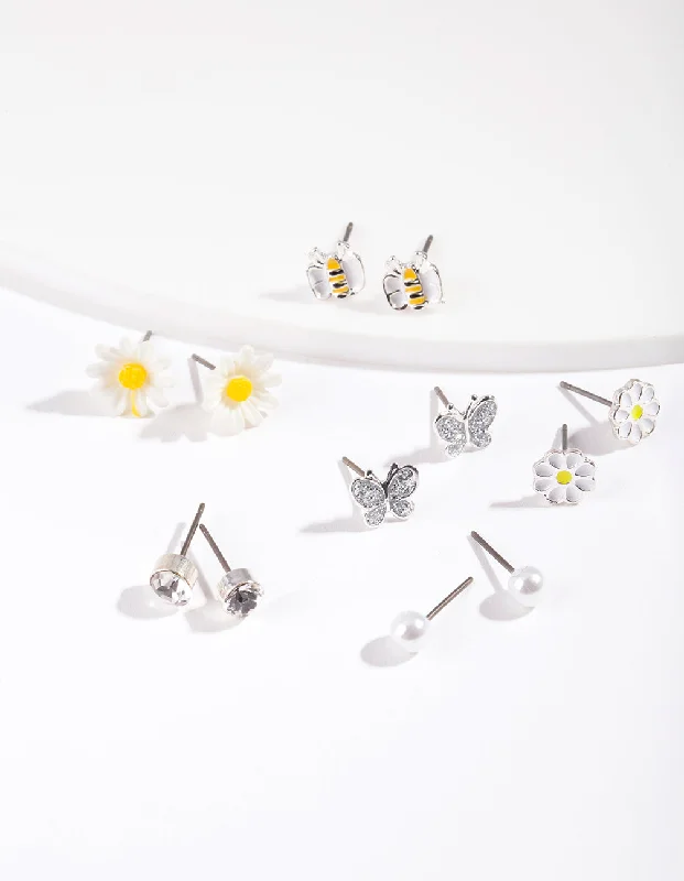 Custom gemstone earrings for women -Kids Silver Daisy Stud Earring 6-Pack