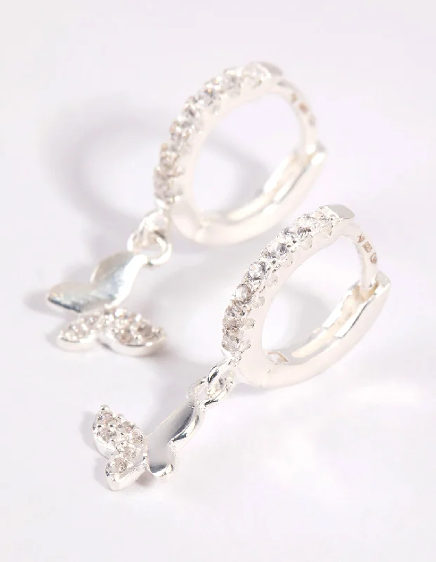 Elegant chandelier earrings for women -Sterling Silver Diamante Butterfly Huggie Earrings