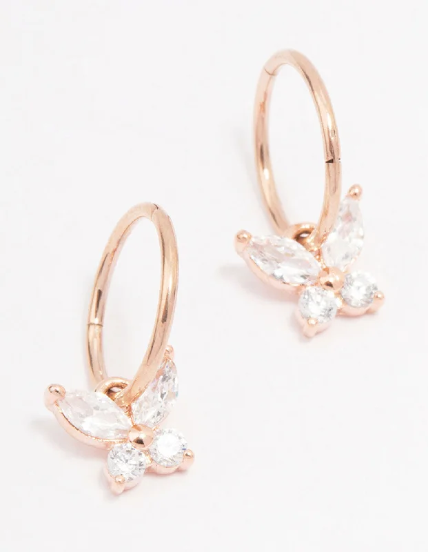 Luxury hoop earrings for women -Rose Gold Plated Surgical Steel Butterfly Sleeper Hoop Earrings