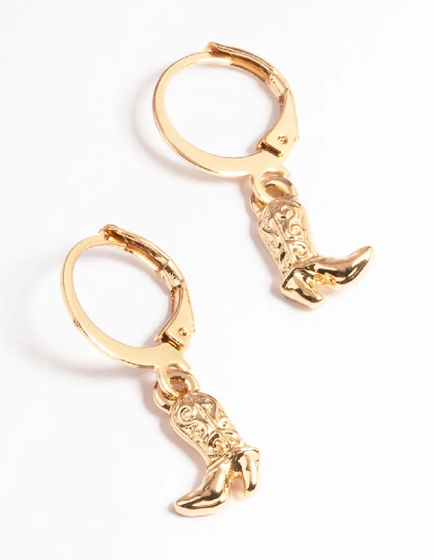 Diamond hoop earrings for women -Gold Cowboy Boot Huggie Earrings