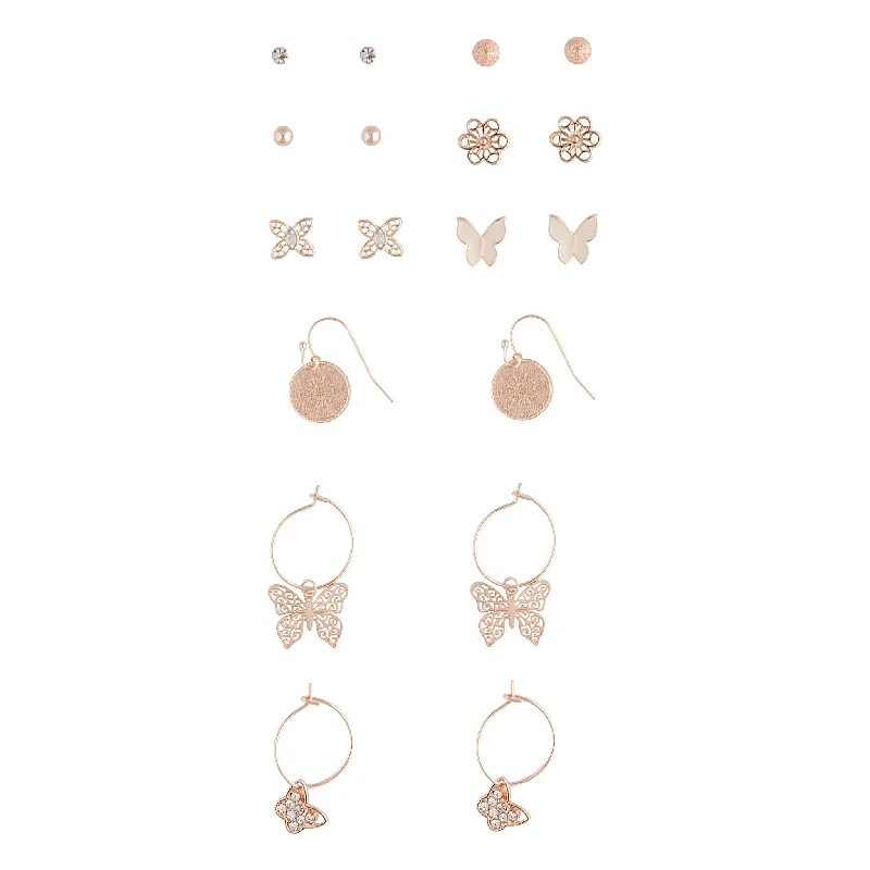 Vintage-inspired earrings for women -Rose Gold Butterfly Stud & Sleeper Earring Pack