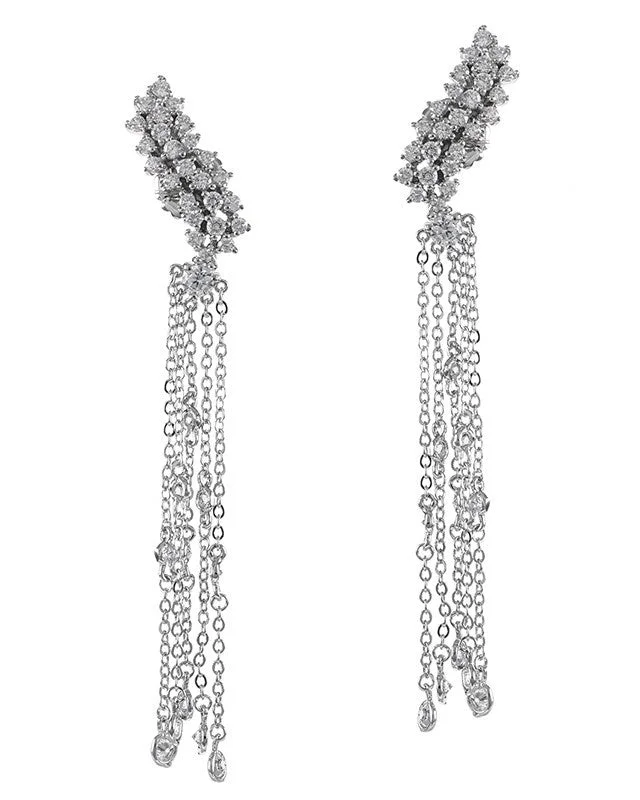 Statement earrings for women -ROUND CZ CLUSTER CRAWLER  W/CHAIN BEZEL