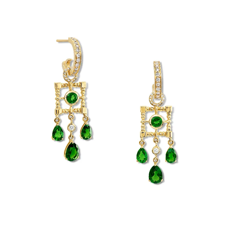 Bridal crystal earrings for women -Mashrabiya Trellis Earring Drops Yellow Gold - Chrome Diopside & Diamond