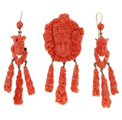 Crystal earrings for women -Victorian Carved Coral Pin & Pendant & Earrings Set