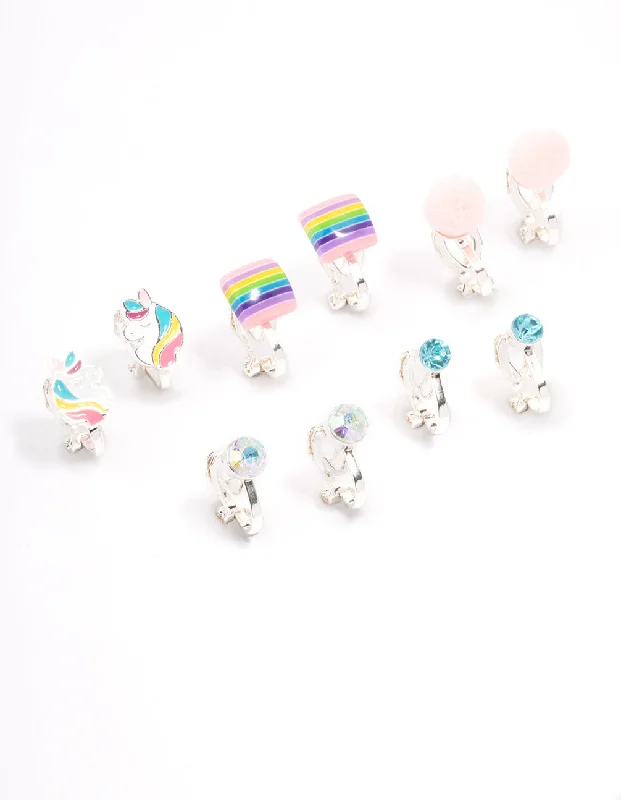 Gemstone stud earrings for women -Kids Unicorn & Pom Pom Clip On Earrings 5-Pack