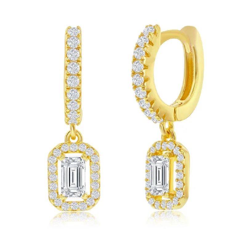 Elegant drop earrings for women -Sterling Silver Rectangle CZ Huggie Hoop Earrings - Gold Plated