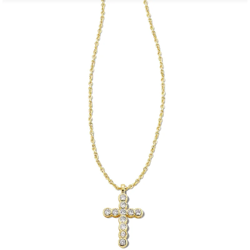 Long chain necklaces for women -Kendra Scott Gold Cross Crystal Necklace in White Crystal