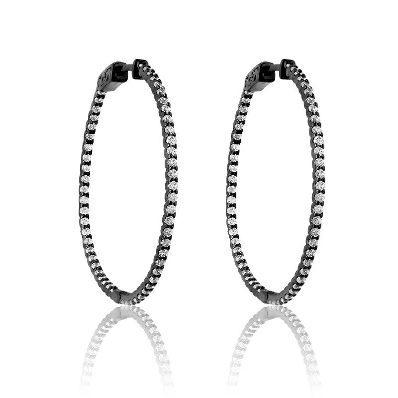 Geometric earrings for women -Sterling Silver Black Plated Inside Outside CZ Large Hoop Earrings