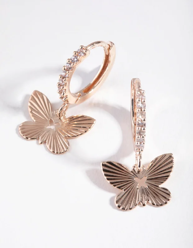 Luxury diamond earrings for women -Rose Gold Textured Butterfly Diamante Earrings