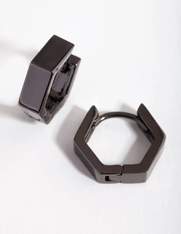 Geometric earrings for women -Gunmetal Hexagon Huggie Earrings