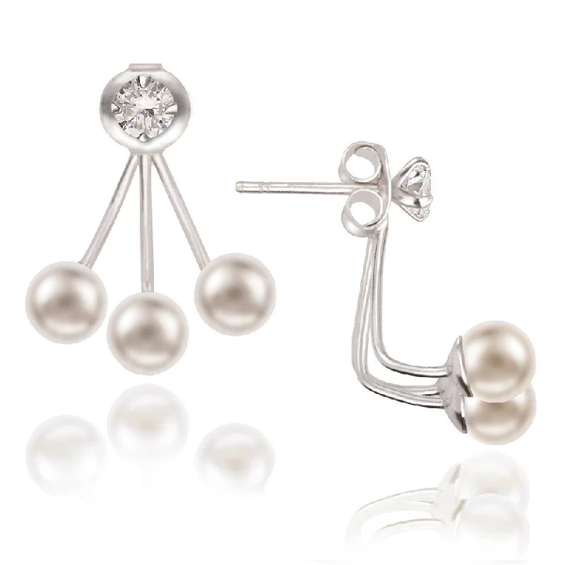 Elegant earrings for women -Sterling Silver 4mm CZ Front with Triple 5mm Pearl Back Earrings