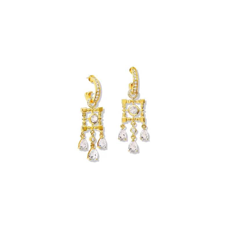 Fashion hoop earrings for women -Mashrabiya Trellis Earring Drops Yellow Gold - White Sapphire & Diamond