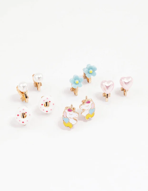 Custom name earrings for women -Kids Donut & Flower Clip On Earrings 6-Pack