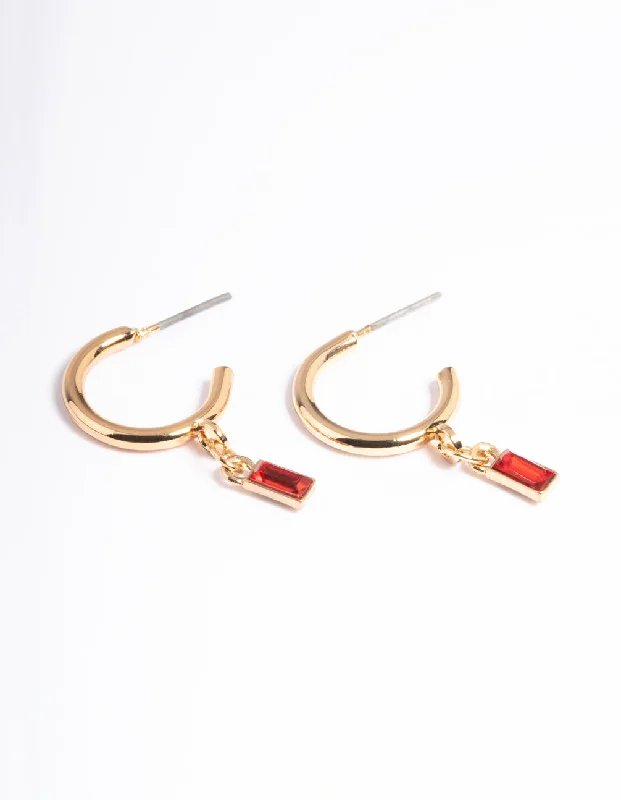 Designer drop earrings for women -Red Stone Drop Huggie Earrings