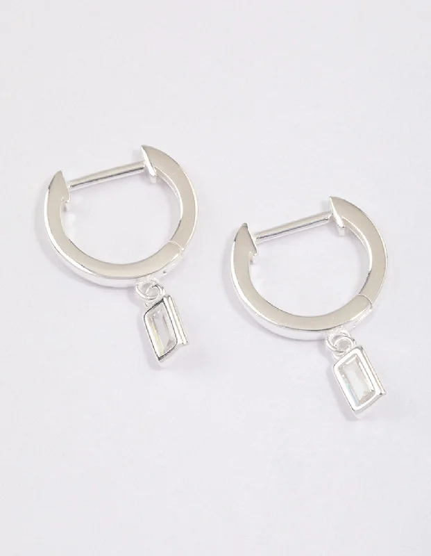 Large statement earrings for women -Sterling Silver Cubic Zirconia Baguette Drop Huggie Earrings