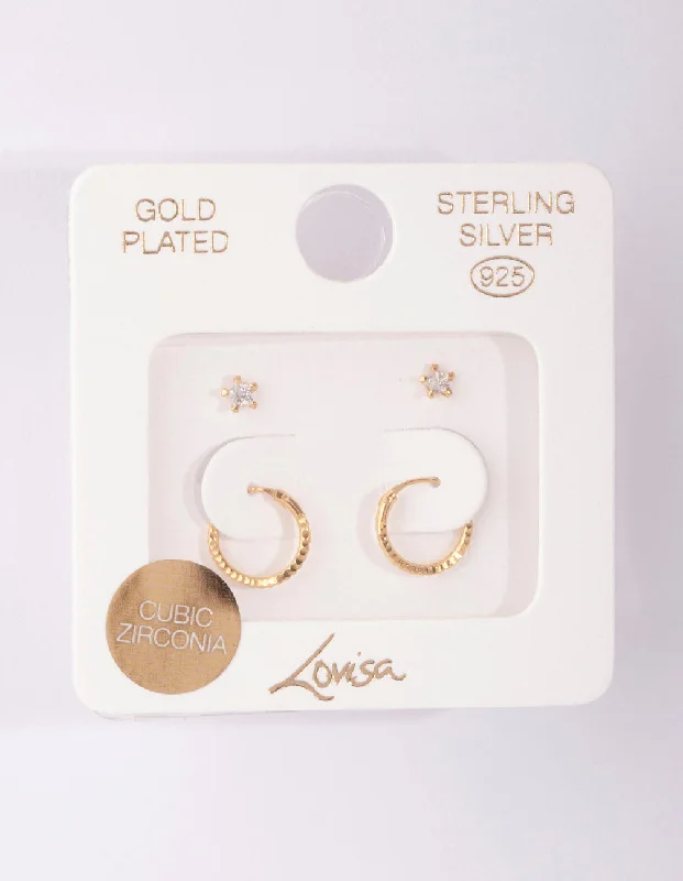 Rose gold stud earrings for women -Gold Plated Sterling Silver Star Stud Hoop Earring Pack