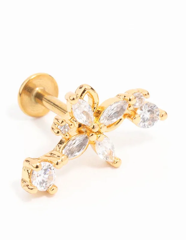 Elegant earrings for women -Gold Plated Surgical Steel Flower With Single Cubic Zirconia Flatback