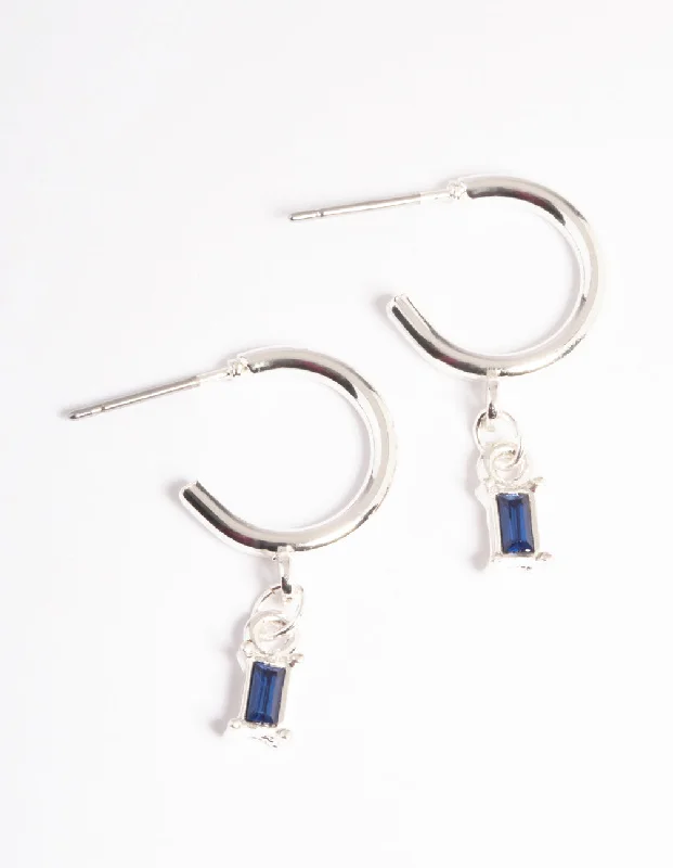 Sterling silver drop earrings for women -Silver Blue Stone Drop Huggie Earrings