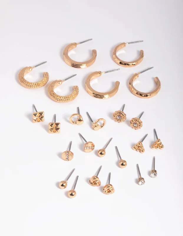 High-end earrings for women -Gold Textured Stud & Hoop Earring 12-Pack