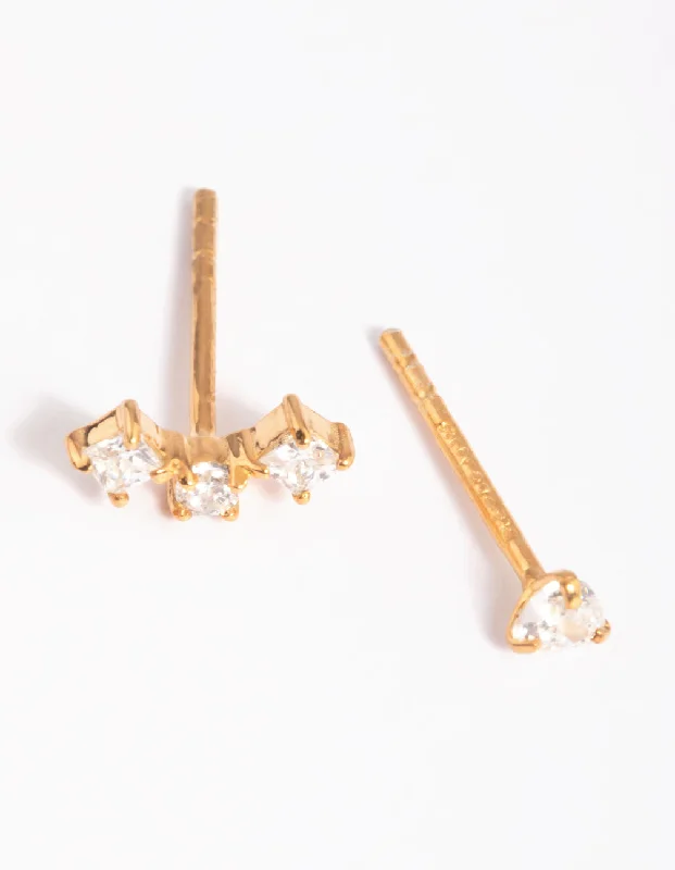 Geometric stud earrings for women -Gold Plated Sterling Silver Mismatched Diamante Stud Earrings