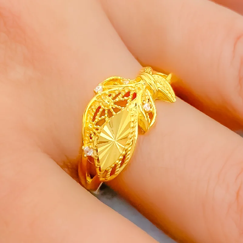 Vintage rings for women -Sophisticated 22k Gold Striped Leaf CZ Ring